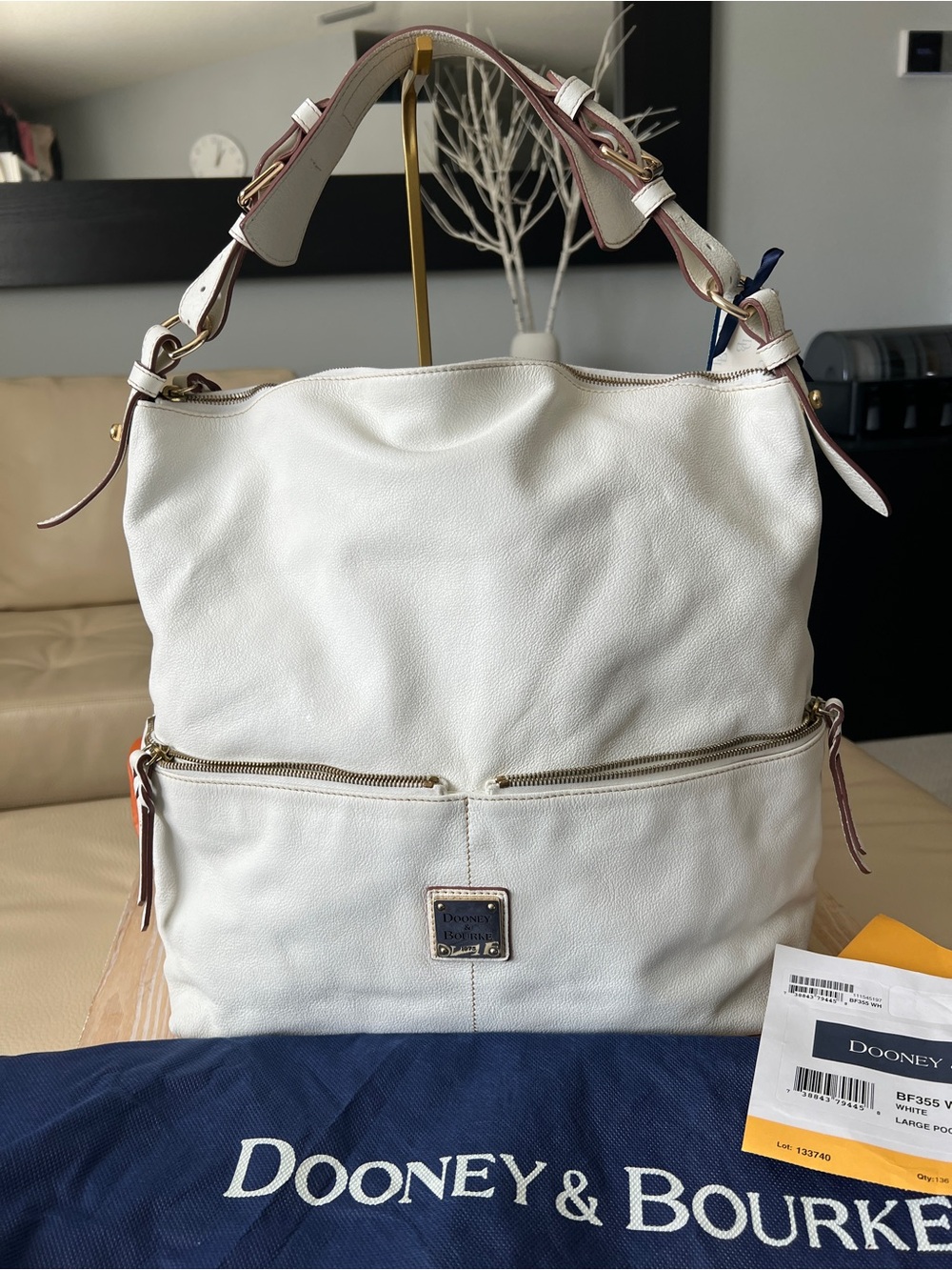 Dooney & Bourke White Pebbled Leather Shoulder Hobo with Gold Hardware